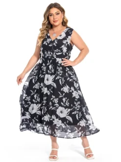 Women‘s Plus Size Curve Two Piece Dress Set Casual Dress Chiffon Dress Outdoor Daily Fashion Elegant Print Long Dress Maxi Dress V Neck Long Sleeve Floral Regular Fit Black Summer Spring -HANs Plus Size Style Shop nbmwzl1694770876150