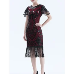 Women's Retro 1920s Fringe Dress Midi Dress Party Halloween Sequins Tassel Fringe Floral V Neck Short Sleeve Regular Fit Spring Fall 2023 Silver Black S M L XL -HANs Plus Size Style Shop nbndyp1692849705130