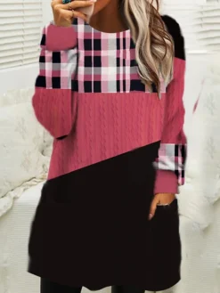 Women‘s Christmas Sweatshirt Dress Shift Dress Mini Dress Blue Pink Fuchsia Long Sleeve Plaid Pocket Winter Fall Autumn Crew Neck Loose Fit 2022 S M L XL XXL 3XL -HANs Plus Size Style Shop nbvhcg1667287121166