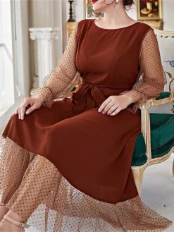 Women's Plus Size Prom Dress Party Dress Wedding Guest Dress Long Dress Maxi Dress Black Brown Long Sleeve Pure Color Lace Up Fall Winter Autumn Crew Neck Fashion Winter Dress Evening Party Wedding -HANs Plus Size Style Shop nbwyyi1693535310148