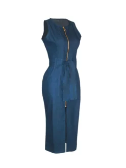 Women's Denim Dress Bodycon Sheath Dress Maxi Long Dress Denim Stylish Casual Daily Vacation Going Out Crew Neck Lace Up Zipper Sleeveless Summer Spring Fall 2023 Slim Blue Pure Color S M L XL -HANs Plus Size Style Shop nbxzrt1643105763474