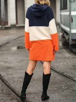 Women's Casual Dress Hoodie Dress Winter Dress Color Block Stripe Patchwork Hooded Mini Dress Active Fashion Daily Date Long Sleeve Regular Fit Orange Fall Autumn S M L XL XXL -HANs Plus Size Style Shop ncamay1694590443990