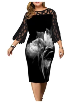 Women‘s Plus Size Curve Party Dress Butterfly Crew Neck Print 3/4 Length Sleeve Spring Fall Work Casual Sexy Prom Dress Midi Dress Daily Work Dress -HANs Plus Size Style Shop ncbgdz1628488795968