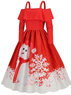 Women's Christmas Swing Dress Slip Dress Vintage Dress Midi Dress Black Wine Light Red Long Sleeve Santa Claus Cold Shoulder Winter Fall Autumn Spaghetti Strap Modern Vacation 2022 S M L XL XXL 3XL -HANs Plus Size Style Shop ncezes1667793481516