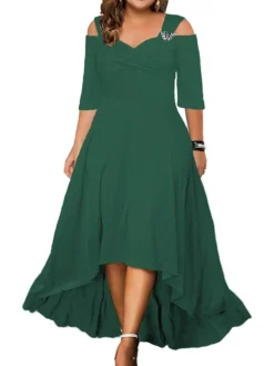 Women‘s Plus Size Curve Party Dress Swing Dress Formal Dress Solid Color Midi Dress Half Sleeve Hollow Out Plus High Low V Neck Elegant Party Black White Summer Spring L XL XXL 3XL 4XL -HANs Plus Size Style Shop ncnvta1679466848913