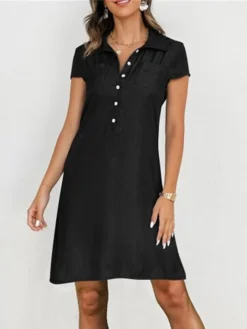 Women's Casual Dress Denim Shirt Dress Midi Dress Denim Classic Modern Outdoor Daily Vacation Shirt Collar Button Pocket Short Sleeve Spring Fall 2023 Loose Fit Black Navy Blue Blue Plain S M L XL 2XL -HANs Plus Size Style Shop ncqlss1686030494887