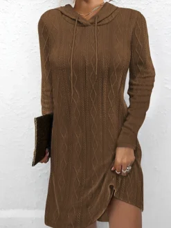 Women's Casual Dress Hoodie Dress Mini Dress Active Daily Outdoor Holiday Vacation V Neck Knit Solid Color Loose Fit Black Pink Brown S M L XL XXL -HANs Plus Size Style Shop ncugnd1694503112013