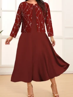 Women's Plus Size Two Piece Dress Set Casual Dress Swing Dress Outdoor Office Fashion Streetwear Print Midi Dress Crew Neck Long Sleeve Floral Plaid Regular Fit Pink Dark Pink Blue Fall Winter L XL -HANs Plus Size Style Shop ncxtjn1693213904989