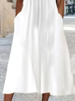 Women's Casual Dress Summer Dress Pleated Dress Plain Ruched Hollow Out V Neck Midi Dress Fashion Modern Outdoor Daily Short Sleeve Loose Fit White Summer Spring S M L XL XXL -HANs Plus Size Style Shop ncyjst1679477751227