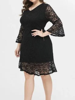 Women's Plus Size Party Dress Lace Dress Cocktail Dress Midi Dress Black 3/4 Length Sleeve Pure Color Lace Spring Fall Winter V Neck Fashion Winter Dress Birthday Wedding Guest 2023 XL XXL 3XL 4XL -HANs Plus Size Style Shop ndddkq1693535468274