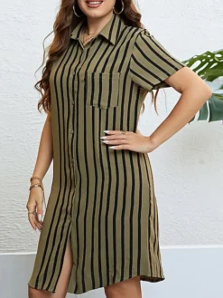Women‘s Plus Size Curve Shirt Dress Casual Dress Shift Dress Midi Dress Outdoor Daily Vacation Polyester Fashion Modern Shirt Collar Button Pocket Short Sleeve Summer Spring 2023 Regular Fit -HANs Plus Size Style Shop ndjkzj1691465822007