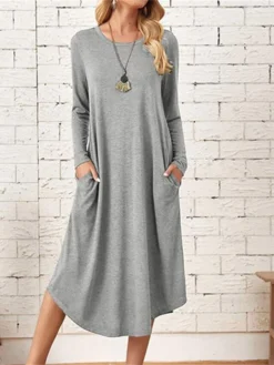 Women's T Shirt Dress Tee Dress Linen Dress Black Dress Midi Dress Black Wine Light Grey Long Sleeve Pure Color Pocket Summer Spring Crew Neck Classic Winter Dress Fall Dress Loose Fit 2023 S M L XL -HANs Plus Size Style Shop ndmuvf1661924825553