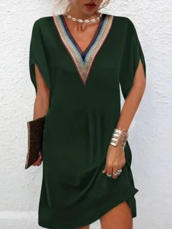 Women's Casual Dress Summer Dress Plain Dress Mini Dress Patchwork Daily Going Out Weekend Fashion Basic V Neck Short Sleeve 2023 Loose Fit Black Red Blue Color S M L XL XXL Size -HANs Plus Size Style Shop ndsuai1688030951871