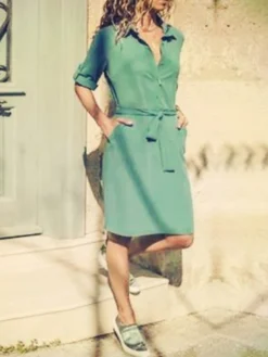 Women's Shirt Dress Casual Dress Shift Dress Midi Dress Outdoor Office Business Polyester Classic Modern Shirt Collar Button Pocket 3/4 Length Sleeve Summer Spring 2023 Loose Fit ArmyGreen Black -HANs Plus Size Style Shop ndwtcx1676443466570