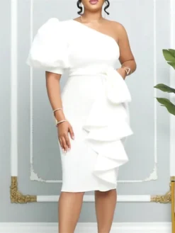 Women‘s Plus Size Curve Party Dress Solid Color One Shoulder Ruffle Short Sleeve Spring Fall Prom Dress Midi Dress Casual Daily Dress -HANs Plus Size Style Shop ndxebk1656067341505