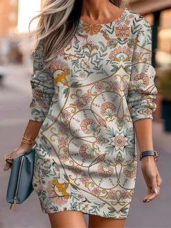 Women's Casual Dress Sweatshirt Dress Mini Dress Warm Fashion Outdoor Vacation Going Out Crew Neck Print Floral Geometric Loose Fit Black Rusty Red Blue S M L XL XXL -HANs Plus Size Style Shop nebwaz1694661945995