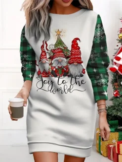 Women's Christmas Casual Dress Sweatshirt Dress Mini Dress Warm Fashion Outdoor Vacation Crew Neck Print Santa Claus Christmas Tree Loose Fit ArmyGreen Wine Rusty Red S M L XL XXL -HANs Plus Size Style Shop negjli1695365439497