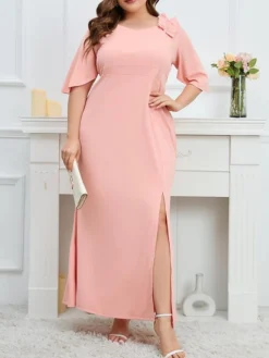 Women's Plus Size Party Dress Wedding Guest Dress Formal Dress Long Dress Maxi Dress Pink Half Sleeve Pure Color Ruffle Spring Fall Winter V Neck Fashion Birthday Evening Party Wedding Guest 2023 L -HANs Plus Size Style Shop neouis1693535298684