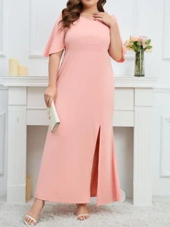Women's Plus Size Party Dress Wedding Guest Dress Formal Dress Long Dress Maxi Dress Pink Half Sleeve Pure Color Ruffle Spring Fall Winter V Neck Fashion Birthday Evening Party Wedding Guest 2023 L -HANs Plus Size Style Shop nfrmvy1693535298124