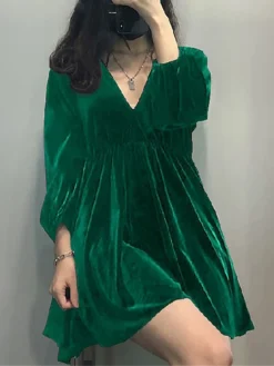 Women's Plus Size Curve Casual Dress Velvet Dress Winter Dress Solid Color Mini Dress Long Sleeve Ruched V Neck Fashion Outdoor Black Red Fall Winter L XL XXL 3XL 4XL -HANs Plus Size Style Shop ngfvsb1693992759311