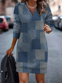 Women's Casual Dress Sweatshirt Dress Mini Dress Fashion Daily Outdoor Vacation Going Out V Neck Print Geometric Loose Fit Blue S M L XL XXL