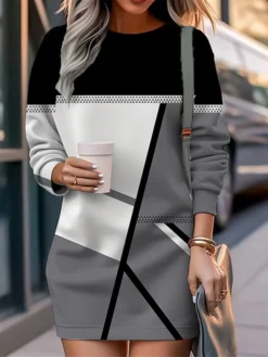 Women's Casual Dress Sweatshirt Dress Mini Dress Warm Fashion Outdoor Vacation Going Out Crew Neck Print Geometric Loose Fit Pink Royal Blue Blue S M L XL XXL
