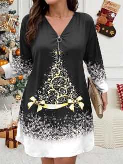 Women's Plus Size Curve Christmas Dress Casual Dress Winter Dress Christmas Tree Snowflake Mini Dress Long Sleeve Print V Neck Fashion Outdoor Black Wine Fall Winter L XL 2XL 3XL 4XL -HANs Plus Size Style Shop nhczzu1697799819541