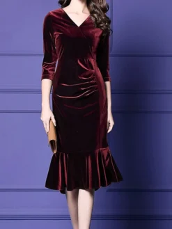 Women's Plus Size Curve Party Dress Velvet Dress Winter Dress Solid Color Midi Dress Long Sleeve Ruched V Neck Fashion Party Black Wine Fall Winter L XL XXL 3XL 4XL -HANs Plus Size Style Shop nhhbss1694576157529
