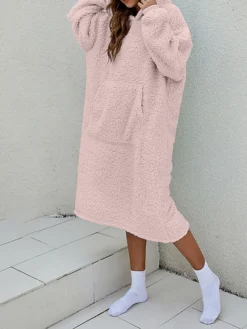 Women's Casual Dress Hoodie Dress Midi Dress Active Fashion Outdoor Home Holiday V Neck Pocket Solid Color Loose Fit Pink Burgundy Royal Blue M -HANs Plus Size Style Shop nhxljs1692588261149