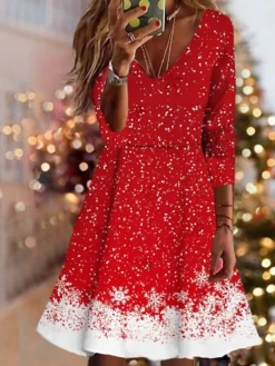 Women's Christmas Swing Dress Vintage Dress Mini Dress Wine Light Red Dark Blue Long Sleeve Deer Patchwork Winter Fall Autumn V Neck Vacation 2022 S M L XL XXL 3XL 4XL 5XL 6XL -HANs Plus Size Style Shop nictbb1667904077782