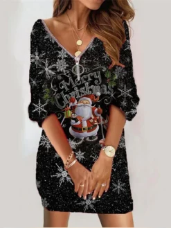 Women‘s Christmas Sweatshirt Dress Winter Dress Short Mini Dress Yellow Gold Red White Black Long Sleeve Cat Santa Claus Elk Zipper Print Fall V Neck Vacation Casual Loose Fit 2022 S M L XL XXL -HANs Plus Size Style Shop niehid1664281870641