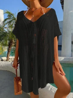 Women's Swimwear Cover Up Beach Dress Normal Swimsuit UV Protection Modest Swimwear Lace Up Knit Pure Color Black Dusty Blue Beige V Wire Bathing Suits New Vacationy / Modern -HANs Plus Size Style Shop nifwin1641960062698