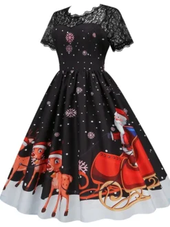 Women's Christmas Casual Dress Swing Dress Midi Dress Green Wine Light Red Fuchsia Red Black Short Sleeve Santa Claus Snowman Snowflake Lace Print Winter Fall Crew Neck Vacation Vintage 2022 S M L XL -HANs Plus Size Style Shop nigmgj1666761922891