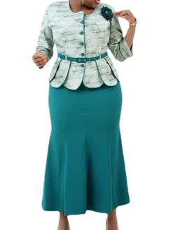 Women‘s Plus Size Curve Work Dress Tie Dye Crew Neck 3/4 Length Sleeve Spring Fall Fashion Elegant Mature Maxi Long Dress Office Work Dress -HANs Plus Size Style Shop ninszl1671608638917