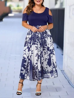 Women‘s Plus Size Curve Casual Dress Skater Dress A Line Dress Floral Long Dress Maxi Dress Short Sleeve Hollow Out Print Crew Neck Fashion Outdoor Black Wine Summer Spring L XL XXL 3XL 4XL