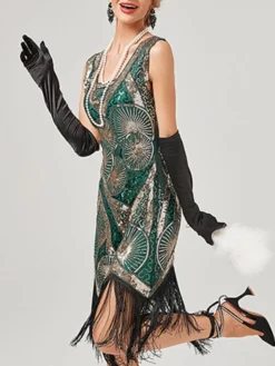 Women‘s Halloween Dress Retro Elegant Vintage Dress Midi Dress Party Sequins Tassel Fringe Geometric V Neck Sleeveless Regular Fit Summer Spring 2023 Black Red XS S M L -HANs Plus Size Style Shop njokht1676625837349