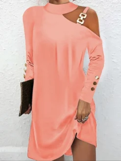 Women's Casual Dress Plain Dress Spring Dress Mini Dress Cold Shoulder Daily Date Going Out Fashion Basic Stand Collar Long Sleeve 2023 Loose Fit Black White Pink Color S M L XL XXL Size