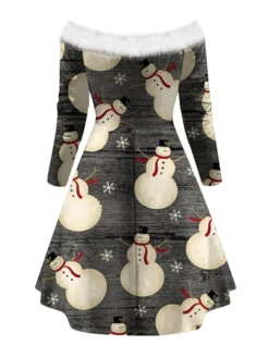Women's Christmas Swing Dress Vintage Dress Mini Dress Green Blue Light Green Beige Gray Black Long Sleeve Santa Claus Snowman Snowflake Backless Feather Print Winter Fall Off Shoulder Stylish Elegant -HANs Plus Size Style Shop njvssn1666343933485