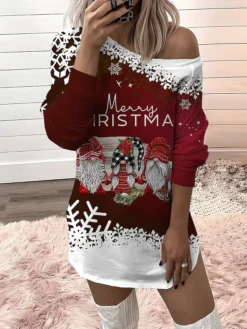 Women‘s Christmas Casual Dress Sweatshirt Dress Mini Dress Warm Fashion Outdoor Holiday Crew Neck Print Santa Claus Snowman Loose Fit Black White Red S M L XL XXL