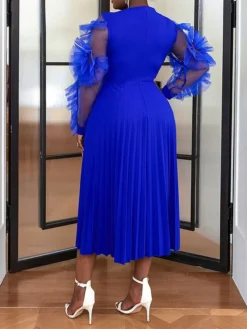 Women's Plus Size Curve Party Dress Formal Dress A Line Dress Plain Midi Dress Long Sleeve Pleated Ruffle Crew Neck Fashion Party Blue Fall Winter XL XXL 3XL 4XL -HANs Plus Size Style Shop nkftzq1694425976536