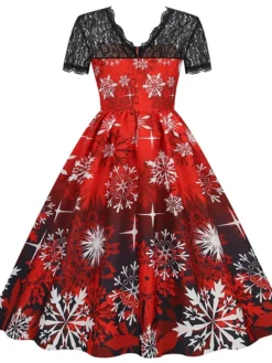 Women's Christmas Swing Dress Vintage DressKnee Length Dress Green Wine Dark Green Fuchsia Red Black Short Sleeve Santa Claus Snowman Snowflake Lace Print Fall Winter V Neck Vacation Vintage 2022 S -HANs Plus Size Style Shop nkkyla1665293368935