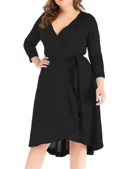 Women‘s Plus Size Curve Work Dress Semi Formal Dress Wrap Dress Fashion Midi Dress Lace Up V Neck Long Sleeve Plain Regular Fit Black Blue Spring Fall XL XXL 3XL 4XL 5XL -HANs Plus Size Style Shop nkpitu1691402325405