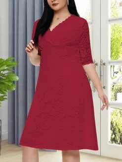 Women‘s Plus Size Curve Party Dress Lace Dress White Dress Solid Color Midi Dress Half Sleeve Lace V Neck Fashion Party White Red Summer Spring XL XXL 3XL 4XL 5XL -HANs Plus Size Style Shop nkqcmt1681204554719