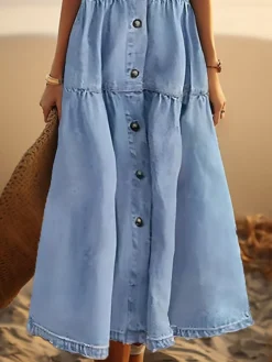 Women's Shift Dress Denim Shirt Dress Tunic Dress Maxi Long Dress Denim Fashion Casual Daily Vacation Shirt Collar Button Pocket Short Sleeve Summer Spring 2023 Regular Fit Blue Plain S M L XL XXL -HANs Plus Size Style Shop nlccyn1689226672925