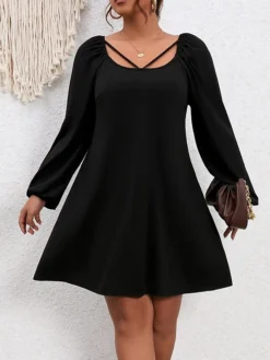 Women‘s Plus Size Curve Party Dress Black Dress Semi Formal Dress Mini Dress Black Long Sleeve Pure Color Patchwork Spring Fall Winter Square Neck Fashion Winter Dress Birthday Wedding Guest 2023 -HANs Plus Size Style Shop nldurp1691572025465