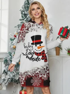 Women's Christmas Casual Dress Hoodie Dress Mini Dress Warm Fashion OutdoorHoliday V Neck Print Santa Claus Snowman Snowflake Loose Fit Black Wine Gray S M L XL XXL