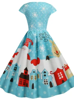 Women's Christmas Knee Length Dress Blue Dusty Blue Royal Blue Black Red Navy Blue Dark Blue Light Blue Short Sleeve Print Print Fall Winter V Neck Casual Vintage2021 S M L XL XXL 3XL -HANs Plus Size Style Shop nlivak1629970326800