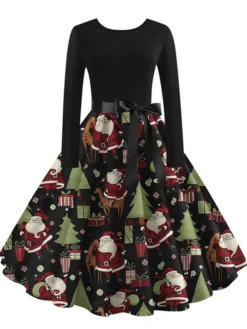 Women's ChristmasSkater DressKnee Length Dress Light Yellow Green White Light Red Dark Blue Red Long Sleeve Snowman Tree Snowflake Bow Print Fall Winter Crew Neck Vintage Party 2022 S -HANs Plus Size Style Shop nliwqw1663151098637
