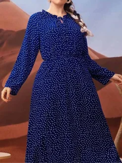 Women's Plus Size Work Dress Swing Dress Semi Formal Dress Fashion Long Dress Maxi Dress Print V Neck Long Sleeve Polka Dot Loose Fit Navy Blue Fall Winter L XL XXL 3XL 4XL -HANs Plus Size Style Shop nljofy1693300607038
