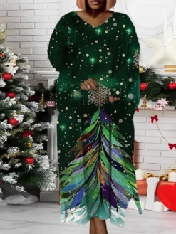 Women‘s Plus Size Christmas Dress Santa Claus V Neck Long Sleeve Winter Fall Modern Maxi Long Dress Daily Dress -HANs Plus Size Style Shop nlkqme1668158361785